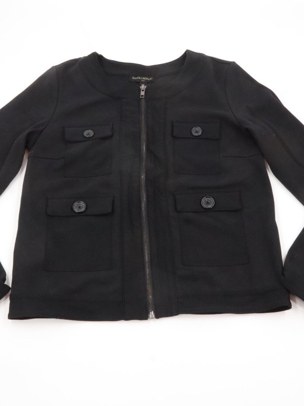 Banana Republic Zip Front Jacket Women XS Black Utility Pocket Textured Knit